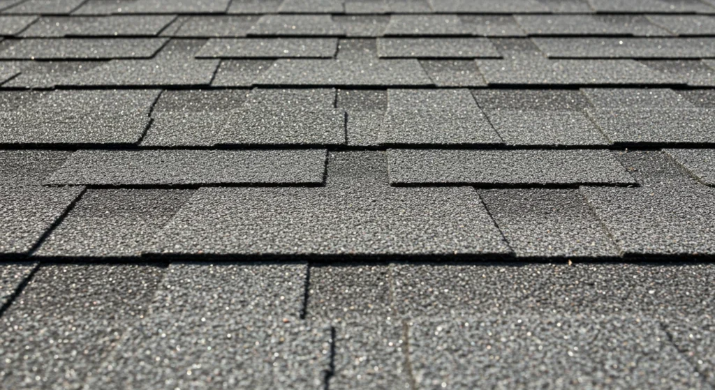 Close-up of durable asphalt shingles, perfect for most Concord homes, offering a wide range of colors and weather resistance.