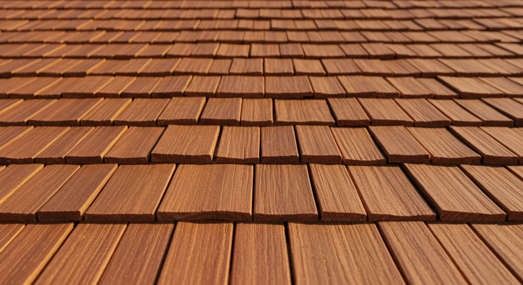 Cedar roofing shingles showing natural wood textures, ideal for Concord’s historic and craftsman-style homes.
