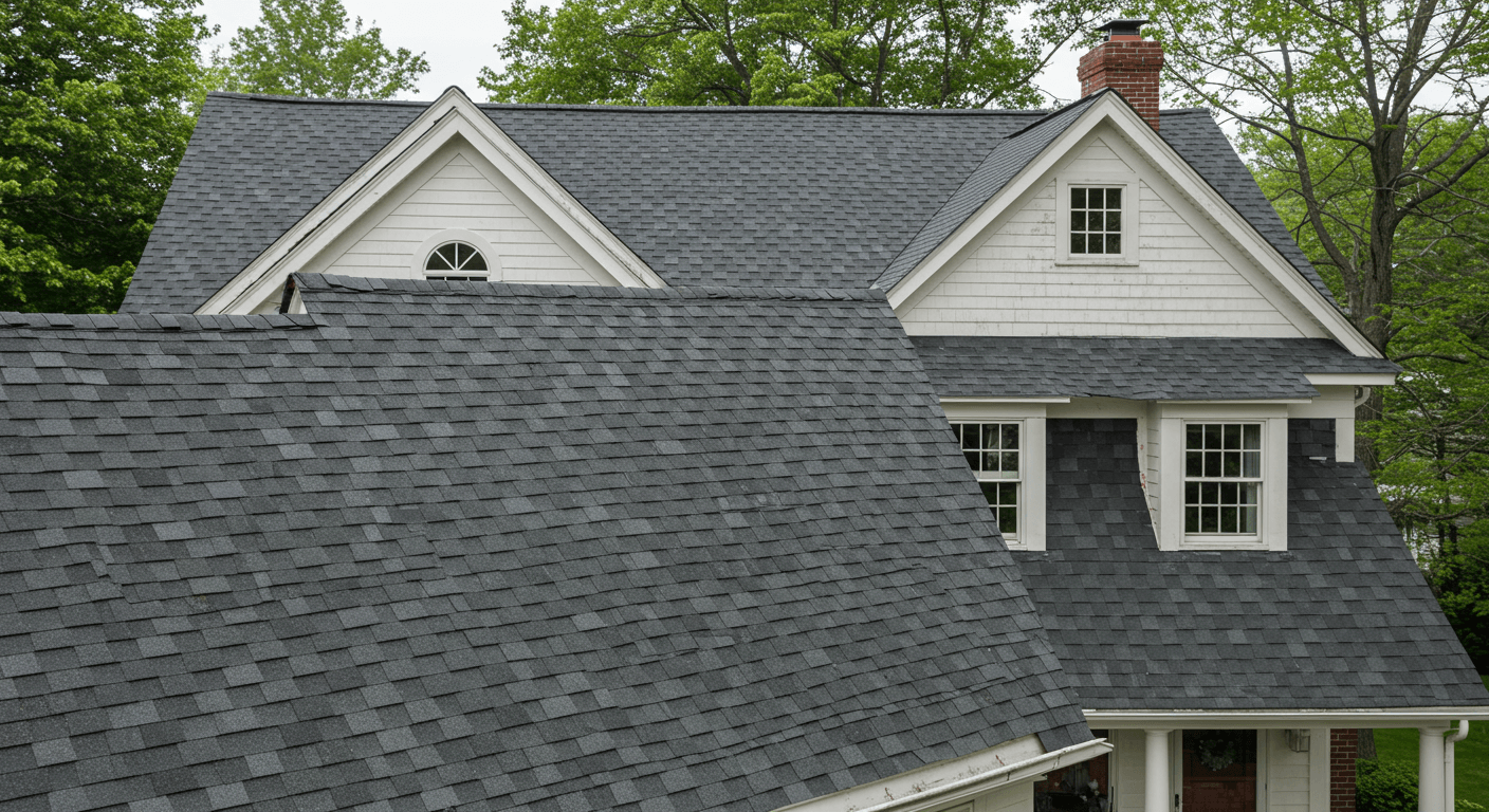 A modern Concord home with a new asphalt shingle roof, showcasing quality roofing and beautiful landscaping.