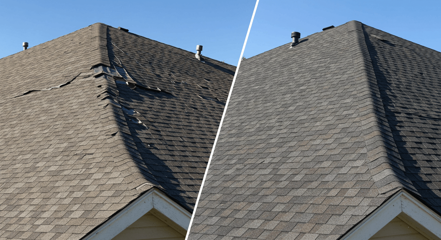 Before and after comparison of asphalt shingle roof repair, showing a weathered roof and a newly installed, sleek roof.