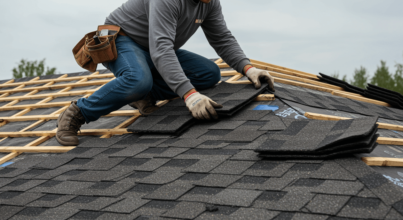Close-up of a roofer installing asphalt shingles with attention to detail, showcasing the installation process in Concord.