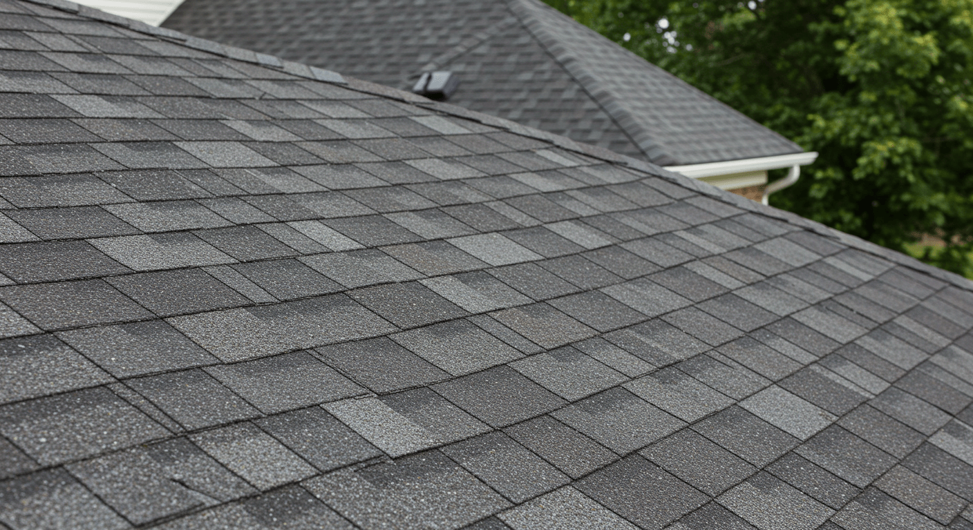 Close-up of high-quality asphalt shingles on a Concord home, emphasizing their durability and long-term protection.