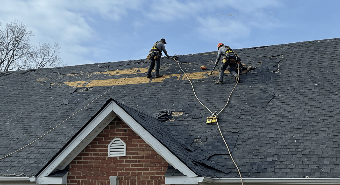 Concord home with damaged asphalt shingles after a storm, showing a roofer performing roof repair.