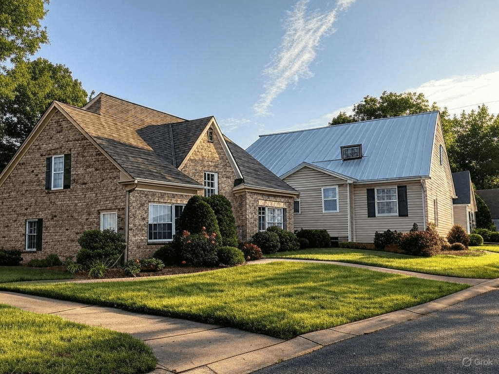 Modern house with metal roof and front lawn