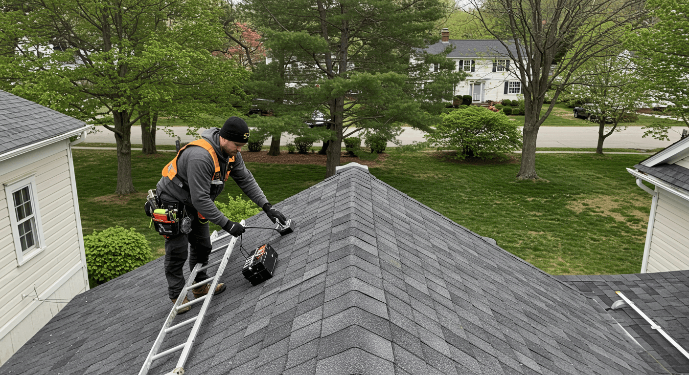 Roofer inspecting an asphalt shingle roof in Concord, MA, with clear skies and residential homes in the background.