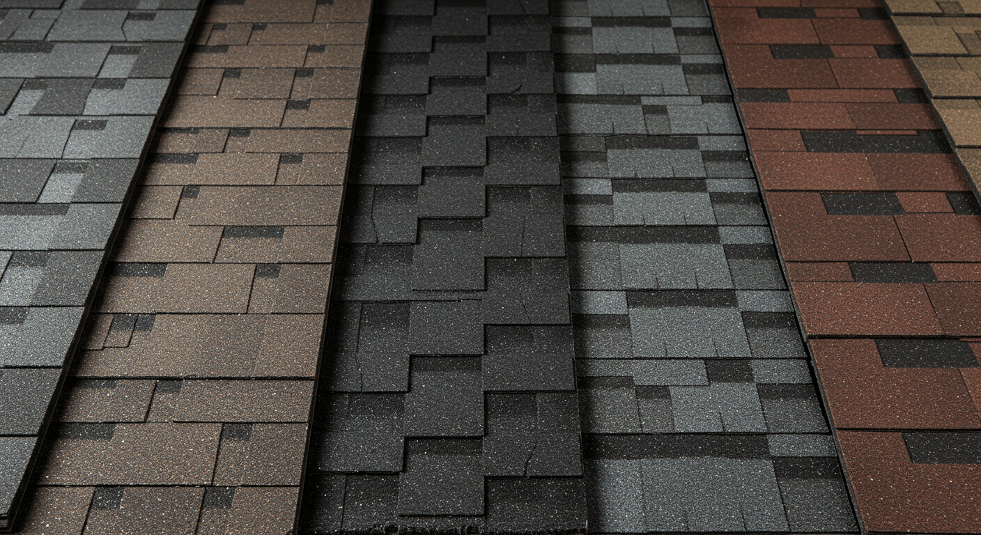 Various styles of asphalt shingles, showcasing different colors, textures, and designs for Concord homes.