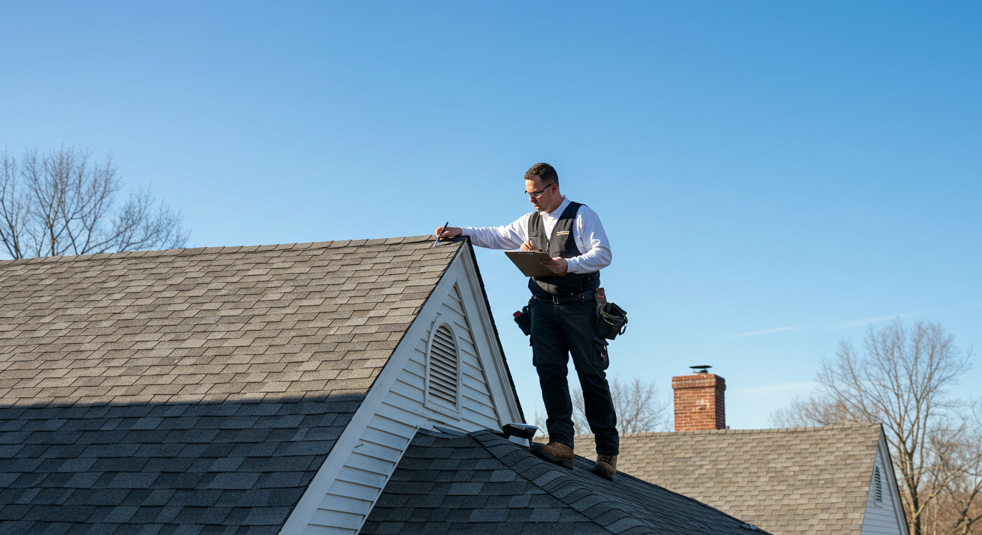 A professional roofer inspecting a suburban house roof in Concord Massachusetts
