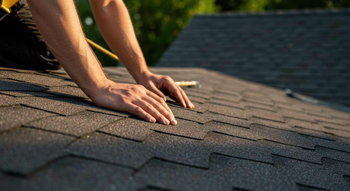 Close-up of a roofing contractor checking shingles on a pitched roof in Concord, MA