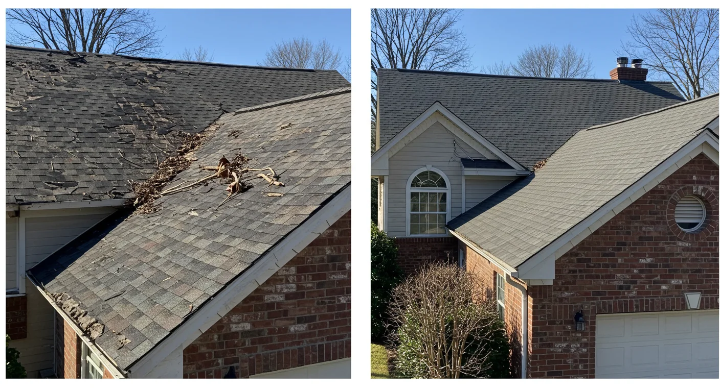 Roof covered with debris and worn shingles cleaned and repaired, showing a neat finished roof, before and after.