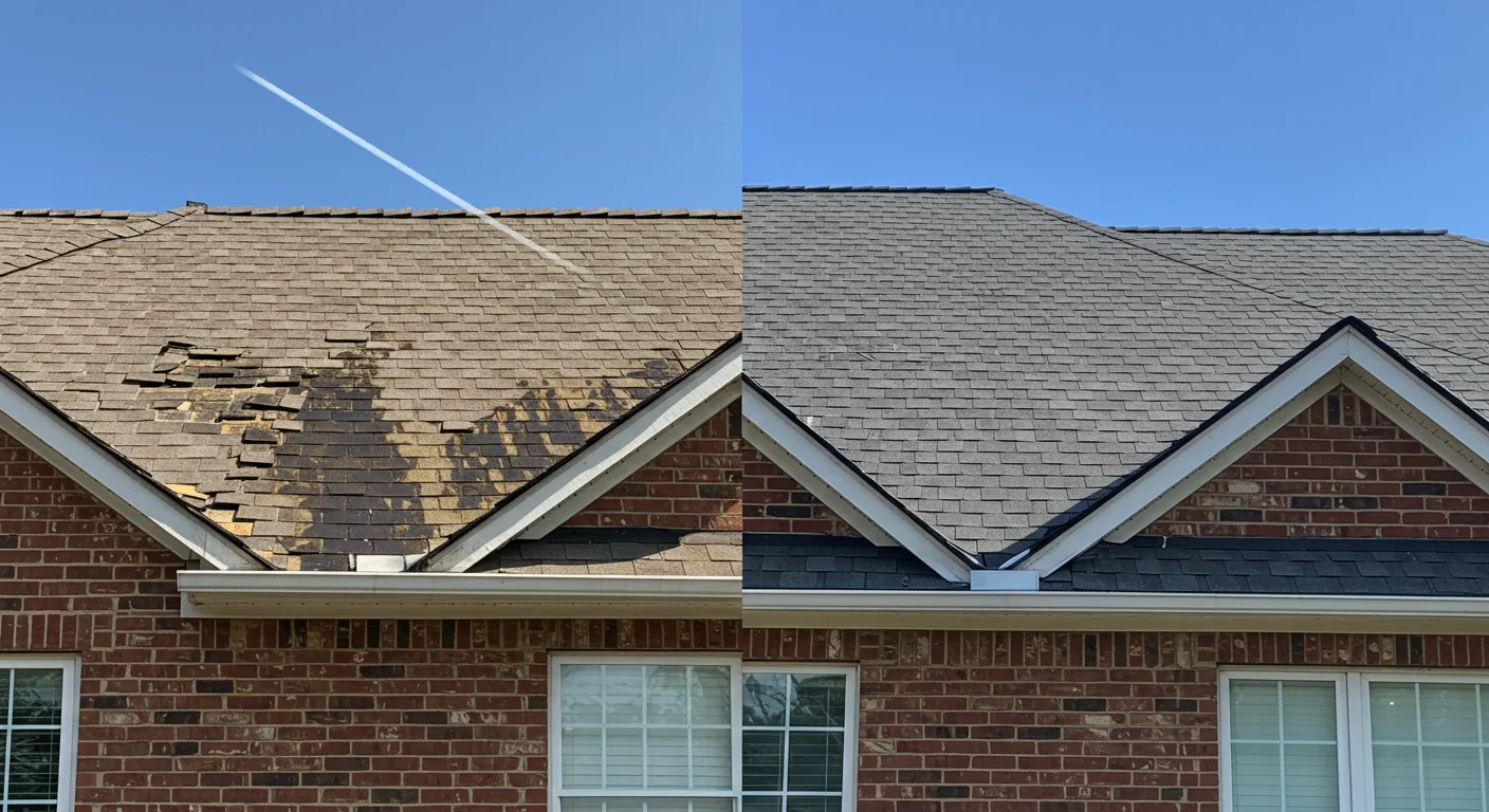Damaged roof shingles with water stains on front gable, fully repaired with new shingles, before and after.