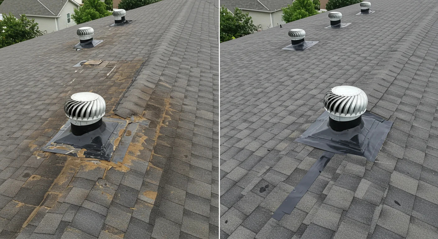 Roof vent repair with damaged shingles and worn flashing on a gray roof, before and after fix.