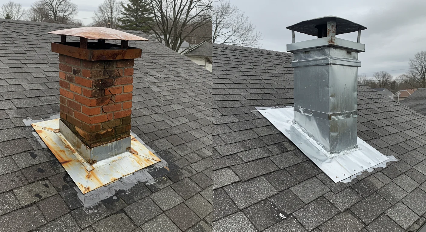 Rusty brick chimney flashing replaced with new metal flashing on gray shingle roof, before and after.