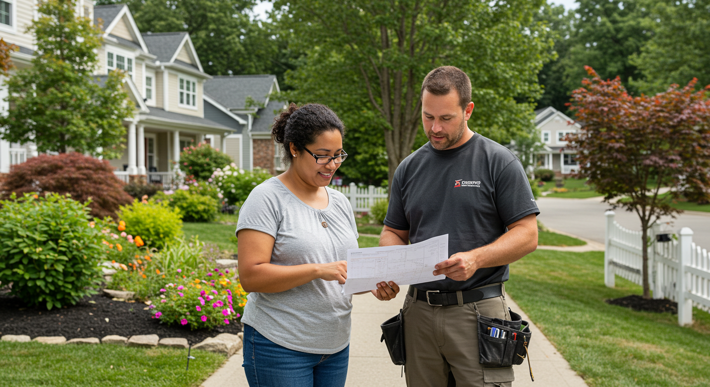 Homeowner and roofing contractor reviewing a roof inspection report outside the house in Concord, MA